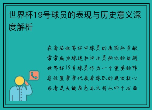 世界杯19号球员的表现与历史意义深度解析