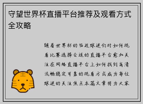 守望世界杯直播平台推荐及观看方式全攻略 守望世界杯直播平台推荐及观看方式全攻略